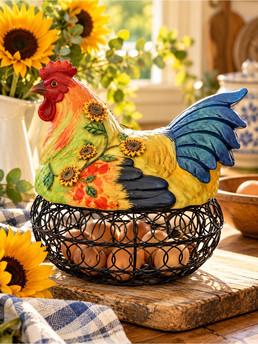 Vintage Sunflower Hen Egg Basket with Wooden Eggs | Kitchen Decor